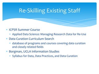 Re-Skilling Existing Staff


ICPSR Summer Course
  Applied Data Science: Managing Research Data for Re-Use
Data Curation Curriculum Search
  database of programs and courses covering data curation
  and closely related fields
Borgman, UCLA Information Studies
  Syllabus for Data, Data Practices, and Data Curation
 