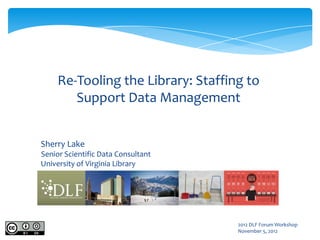 Re-Tooling the Library: Staffing to
        Support Data Management


Sherry Lake
Senior Scientific Data Consultant
University of Virginia Library




                                    2012 DLF Forum Workshop
                                    November 5, 2012
 