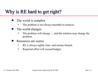 Why is RE hard to get right? The world is complex The problem is not always tractable to analysis. The world changes The problem will change … and the solution may change the problem. Resources are scarce RE is always tightly time- and money-bound; Required effort will exceed budget. 