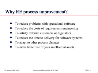 Why RE process improvement? To reduce problems with operational software To reduce the costs of requirements engineering To satisfy external customers or regulators To reduce the time to delivery for software systems To adapt to other process changes To make better use of your intellectual assets 