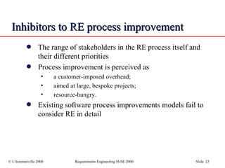 Inhibitors to RE process improvement The range of stakeholders in the RE process itself and their different priorities Process improvement is perceived as a customer-imposed overhead;  aimed at large, bespoke projects;  resource-hungry. Existing software process improvements models fail to consider RE in detail 