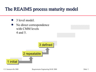 The REAIMS process maturity model 3 level model.  No direct correspondence  with CMM levels  4 and 5. 1 initial 2 repeatable 3 defined 