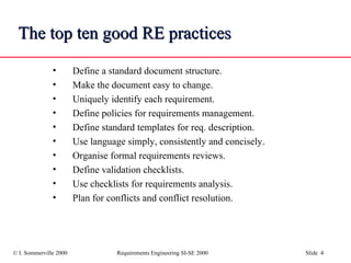 The top ten good RE practices Define a standard document structure. Make the document easy to change. Uniquely identify each requirement. Define policies for requirements management. Define standard templates for req. description. Use language simply, consistently and concisely. Organise formal requirements reviews. Define validation checklists. Use checklists for requirements analysis. Plan for conflicts and conflict resolution. 