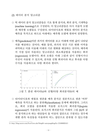 - 11 -
(2) 데이터 분석 알고리즘
○ 빅 데이터 분석 알고리즘들은 기초 통계 분석과, 회귀 분석, 기계학습
(machine learning)으로 구성된다. 이 알고리즘들은 다시 서술적 모델
과 예측형 모델들로 구성된다. 타이타닉호와 세월호 데이터 분석은
예측을 목적으로 하므로 아래에는 예측형 모델에 한하여 설명한다.
○ 예측(prediction)이란 과거의 데이터를 보고 미래에 어떤 값이 나타날
지를 예상하는 것이다. 예를 들면, 과거의 연간 기온 변화 이력을
파악하고 이를 이용해 미래의 기온 변화를 예상하는 것이다. 예측에
서 가장 널리 사용되는 알고리즘은 최소제곱법을 사용하는 회귀
(regression) 모델이다. 회귀 모델은 아래 그림과 같이 선형이거나
곡선이 사용될 수 있으며, 전자를 선형 회귀이라 하고 후자를 다항
수식을 이용하므로 다항 회귀라 한다5)
.
그림 7. 훈련 데이터(a)와 선형/다항 회귀분석(b)의 예
○ 타이타닉호와 세월호 생존률 예측 분석은 결론적으로 생존 ‘여부’
예측을 목적으로 하는 분류화(classifiation) 문제에 해당한다. 그러므
로, 회귀 모델을 분류화에 적용한 로지스틱 회귀분석(logistic
regression)이 사용된다. 로지스틱 회귀분석은 아래의 그림 (b)와 같
이 분석하고자 하는 대상들이 둘 이상의 집단으로 구분되는 경우에
개별 관측 속성들을 이용하여 어느 집단으로 분류될 수 있는가를
5) http://blog.naver.com/PostView.nhn?blogId=samsjang&logNo=221006905415
 