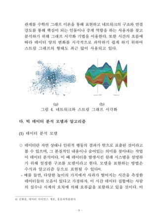 - 9 -
관계를 수학의 그래프 이론을 통해 표현하고 네트워크의 구조와 연결
강도를 통해 핵심이 되는 인물이나 중계 역할을 하는 사용자를 찾고
분석하기 위해 그래프 시각화 기법을 이용한다. 또한 시간의 흐름에
따라 데이터 양의 변화를 시각적으로 파악하기 쉽게 하기 위하여
스트림 그래프의 형태도 최근 많이 사용되고 있다.
(a) (b)
그림 4. 네트워크와 스트림 그래프 시각화
다. 빅 데이터 분석 모델과 알고리즘
(1) 데이터 분석 모델
○ 데이터란 자연 상태나 인위적 행동의 결과가 밖으로 표출된 것이라고
볼 수 있으며, 그 본질적인 내용이나 숨어있는 의미를 찾아내는 작업
이 데이터 분석이다. 이 때 데이터를 발생시킨 원래 시스템을 설명하
기 위해 설정한 구조를 모델이라고 한다. 모델을 표현하는 방법은
수식과 알고리즘 등으로 표현될 수 있다4)
.
- 예를 들면, 다양한 높이의 가지에서 사과가 떨어지는 시간을 측정한
데이터들의 모음이 있다고 가정하자. 이 시간 데이터 집합에는 사람
의 실수나 시계의 오차에 의해 오류값을 포함하고 있을 것이다. 이
4) 김화종, 데이터 사이언스 개론, 홍릉과학출판사
 