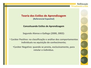 <ul><li>Segundo Alonso e Gallego (2000, 2002): </li></ul><ul><li>Caráter Positivo: na classificação e análise dos comporta...