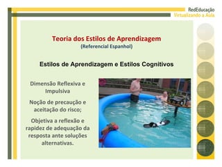 Dimensão Reflexiva e Impulsiva Noção de precaução e aceitação do risco; Objetiva a reflexão e rapidez de adequação da resposta ante soluções alternativas. Teoria dos Estilos de Aprendizagem (Referencial Espanhol) Estilos de Aprendizagem e Estilos Cognitivos 