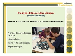 4 Estilos de Aprendizagem de Kolb Acomodador  Ponto forte na Execução; Experimentação. Teoria dos Estilos de Aprendizagem (Referencial Espanhol) Teorias, Instrumentos e Modelos dos Estilos de Aprendizagem 