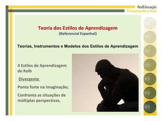 4 Estilos de Aprendizagem de Kolb Divergente  Ponto forte na Imaginação; Confronta as situações de múltiplas perspectivas. Teoria dos Estilos de Aprendizagem (Referencial Espanhol) Teorias, Instrumentos e Modelos dos Estilos de Aprendizagem 