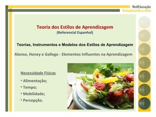 Alonso, Honey e Gallego - Elementos Influentes na Aprendizagem Necessidade Físicas Alimentação; Tempo; Mobilidade; Percepção. Teoria dos Estilos de Aprendizagem (Referencial Espanhol) Teorias, Instrumentos e Modelos dos Estilos de Aprendizagem 
