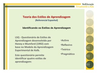 LSQ - Questionário de Estilos de Aprendizagem desenvolvido por Honey e Mumford (1992) com base no Modelo da Aprendizagem Experimental de Kolb. Este questionário permite identificar quatro estilos de aprendizagem: Activo Reflexivo Teórico Pragmático Teoria dos Estilos de Aprendizagem (Referencial Espanhol) Identificando os Estilos de Aprendizagem 