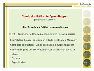 CHEA – Cuestionario Honey-Alonso de Estilos de Aprendizaje Por Catalina Alonso, baseado no estudo de Honey e Mumford. Composto de 80 itens – 20 de cada Estilo de Aprendizagem Contempla questões sócio-acadêmicas para identificação de: Idade; Gênero; Experiência... Teoria dos Estilos de Aprendizagem (Referencial Espanhol) Identificando os Estilos de Aprendizagem 