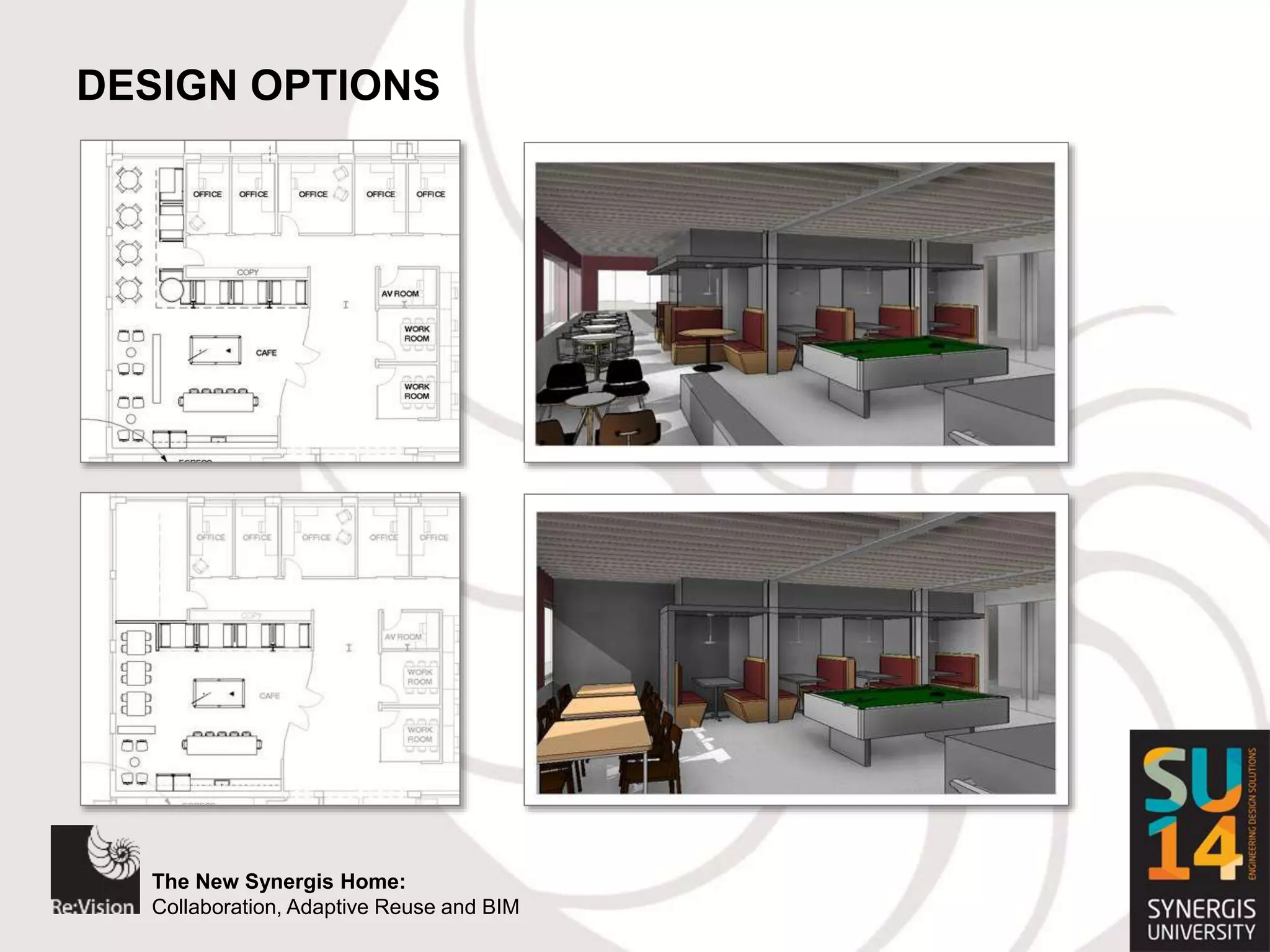 The New Synergis Home:
Collaboration, Adaptive Reuse and BIM
The New Synergis Home:
Collaboration, Adaptive Reuse and BIM
DESIGN OPTIONS
 