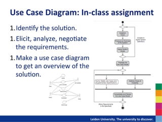 Use	
  Case	
  Diagram:	
  In-­‐class	
  assignment	
  
1. Iden-fy	
  the	
  solu-on.	
  
	
  	
  


1. Elicit,	
  analyze,	
  nego-ate	
  
   the	
  requirements.	
  
	
  	
  


1. Make	
  a	
  use	
  case	
  diagram	
  
   to	
  get	
  an	
  overview	
  of	
  the	
  
   solu-on.	
  




                                        	
  	
  	
  	
  	
  	
  	
  	
  	
  	
  	
  	
  	
  Leiden	
  University.	
  The	
  university	
  to	
  discover.	
  
 