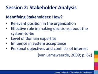 Session	
  2:	
  Stakeholder	
  Analysis	
  
IdenDfying	
  Stakeholders:	
  How?	
  
•  Relevant	
  posi-on	
  in	
  the	
  organiza-on	
  
•  Eﬀec-ve	
  role	
  in	
  making	
  decisions	
  about	
  the	
  
   system-­‐to-­‐be	
  
•  Level	
  of	
  domain	
  exper-se	
  
•  Inﬂuence	
  in	
  system	
  acceptance	
  
•  Personal	
  objec-ves	
  and	
  conﬂicts	
  of	
  interest	
                                                                                   	
  


                        (van	
  Lamsweerde,	
  2009;	
  p.	
  62)	
  


                                 	
  	
  	
  	
  	
  	
  	
  	
  	
  	
  	
  	
  	
  Leiden	
  University.	
  The	
  university	
  to	
  discover.	
  
 