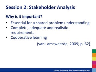 Session	
  2:	
  Stakeholder	
  Analysis	
  
Why	
  is	
  it	
  important?	
  
•  Essen-al	
  for	
  a	
  shared	
  problem	
  understanding	
  
•  Complete,	
  adequate	
  and	
  realis-c	
  
   requirements	
  
•  Coopera-ve	
  learning	
  
	
  


                            (van	
  Lamsweerde,	
  2009;	
  p.	
  62)	
  




                                   	
  	
  	
  	
  	
  	
  	
  	
  	
  	
  	
  	
  	
  Leiden	
  University.	
  The	
  university	
  to	
  discover.	
  
 
