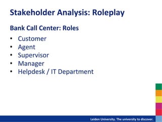 Stakeholder	
  Analysis:	
  Roleplay	
  
Bank	
  Call	
  Center:	
  Roles	
  
•  Customer	
  
•  Agent	
  
•  Supervisor	
  
•  Manager	
  
•  Helpdesk	
  /	
  IT	
  Department	
  




                                 	
  	
  	
  	
  	
  	
  	
  	
  	
  	
  	
  	
  	
  Leiden	
  University.	
  The	
  university	
  to	
  discover.	
  
 