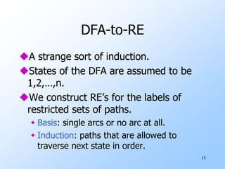 15
DFA-to-RE
A strange sort of induction.
States of the DFA are assumed to be
1,2,…,n.
We construct RE’s for the labels of
restricted sets of paths.
 Basis: single arcs or no arc at all.
 Induction: paths that are allowed to
traverse next state in order.
 