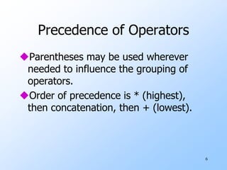 6
Precedence of Operators
Parentheses may be used wherever
needed to influence the grouping of
operators.
Order of precedence is * (highest),
then concatenation, then + (lowest).
 