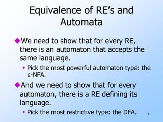 8
Equivalence of RE’s and
Automata
We need to show that for every RE,
there is an automaton that accepts the
same language.
 Pick the most powerful automaton type: the
ε-NFA.
And we need to show that for every
automaton, there is a RE defining its
language.
 Pick the most restrictive type: the DFA.
 