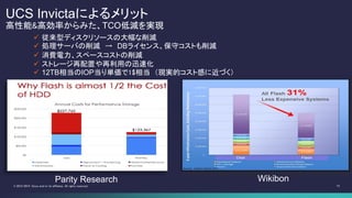 14© 2013-2014 Cisco and/or its affiliates. All rights reserved.
UCS Invictaによるメリット
高性能&高効率からみた、TCO低減を実現
Parity Research Wikibon
 従来型ディスクリソースの大幅な削減
 処理サーバの削減 → DBライセンス、保守コストも削減
 消費電力、スペースコストの削減
 ストレージ再配置や再利用の迅速化
 12TB相当のIOP当り単価で1$相当 （現実的コスト感に近づく）
 