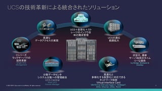2© 2013-2014 Cisco and/or its affiliates. All rights reserved.
UCSの技術革新による統合されたソリューション
UCS＋仮想化＋スト
レージのインフラ全
体の構成管理
UCS Director UCSの適応
範囲拡大
Cシリーズ
ラックサーバでの
技術革新
Single Wire
Management
次世代、最新
サーバ技術のタイム
リーな提供
Ivy Bridge, Brickland &
Grantley
分散データセンタ
システム分散への管理統合
UCS Central
Multi-UCS
Domain Manager
高速化と
多様化する仮想化に対応できる
ネットワーク技術
Virtual Interface Card
VM-FEX for ESX and Hyper-V, 10GBaseT,
40Gb, Ethernet, USNic, RoCE
高速な
データアクセスの実現
 