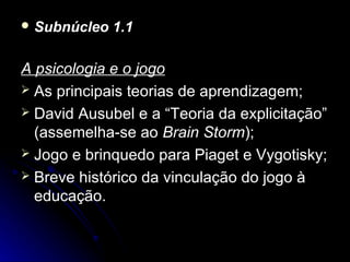 Subnúcleo   1.1

A psicologia e o jogo
 As principais teorias de aprendizagem;
 David Ausubel e a “Teoria da explicitação”
  (assemelha-se ao Brain Storm);
 Jogo e brinquedo para Piaget e Vygotisky;
 Breve histórico da vinculação do jogo à
  educação.
 