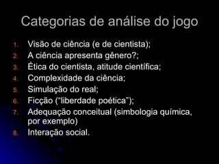 Categorias de análise do jogo
1.    Visão de ciência (e de cientista);
2.    A ciência apresenta gênero?;
3.    Ética do cientista, atitude científica;
4.    Complexidade da ciência;
5.    Simulação do real;
6.    Ficção (“liberdade poética”);
7.    Adequação conceitual (simbologia química,
      por exemplo)
8.    Interação social.
 