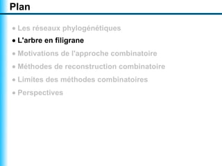 Plan

• Les réseaux phylogénétiques
• L'arbre en filigrane
• Motivations de l'approche combinatoire
• Méthodes de reconstruction combinatoire
• Limites des méthodes combinatoires
• Perspectives
 