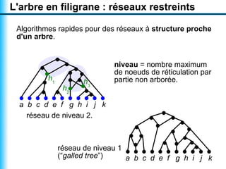 L'arbre en filigrane : réseaux restreints

 Algorithmes rapides pour des réseaux à structure proche
 d'un arbre.


                            niveau = nombre maximum
                            de noeuds de réticulation par
         h1         h3      partie non arborée.
               h2

  a b c d e f g h i j k
    réseau de niveau 2.



              réseau de niveau 1
              (“galled tree”)    a b c d e f g h i j k
 