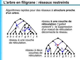 L'arbre en filigrane : réseaux restreints

 Algorithmes rapides pour des réseaux à structure proche
 d'un arbre.


                               réseau à une couche de
                               réticulation (“galled
         h1           h3       network”) : la suppression
              h2               d'un noeud de réticulation
                               déconnecte le réseau.
  a b c d e f g h i j k
    réseau à une couche
    de réticulation.
                                          h2
                                      h1        h3
                   réseau à deux
                      couches de
                      réticulation. a b c d e f g h i j k
 