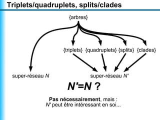 Triplets/quadruplets, splits/clades
                       {arbres}




                     {triplets} {quadruplets} {splits} {clades}



 super-réseau N                   super-réseau N'

                      N'=N ?
              Pas nécessairement, mais :
             N' peut être intéressant en soi...
 