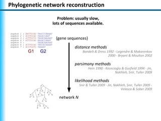 Phylogenetic network reconstruction

                                           Problem: usually slow,
                                        lots of sequences available.

espèce   1   :   AATTGCAG TAGCCCAAAAT
espèce   2   :   ACCTGCAG TAGACCAAT
espèce
espèce
         3
         4
             :
             :
                 GCTTGCCG
                 ATTTGCAG
                          TAGACAAGAAT
                          AAGACCAAAT
                                         {gene sequences}
espèce   5   :            TAGACAAGAAT
espèce   6   :   ACTTGCAG TAGCACAAAAT
espèce   7   :   ACCTGGTG TAAAAT                    distance methods
                  G1        G2                           Bandelt & Dress 1992 - Legendre & Makarenkov
                                                                          2000 - Bryant & Moulton 2002

                                                    parsimony methods
                                                             Hein 1990 - Kececioglu & Gusfield 1994 - Jin,
                                                                               Nakhleh, Snir, Tuller 2009

                                                    likelihood methods
                                                       Snir & Tuller 2009 - Jin, Nakhleh, Snir, Tuller 2009 -
                                                                                     Velasco & Sober 2009

                                           network N
 