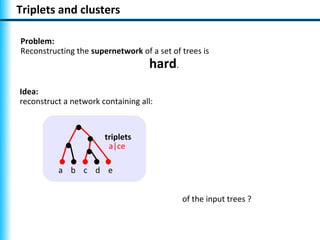 Triplets and clusters

Problem:
Reconstructing the supernetwork of a set of trees is
                                    hard.
Idea:
reconstruct a network containing all:



                       triplets
                        a|ce

          a b c d e


                                            of the input trees ?
 