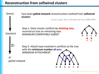 Reconstruction from softwired clusters

{trees}      Fast exact galled network reconstruction method from softwired
             clusters
                                         Huson, Rupp, Berry, Gambette & Paul, ISMB 2009



              Step 1- Solve cluster conflicts by deleting taxa,
              reconstruct tree on remaining taxa
{clusters}    MAXIMUM COMPATIBLE SUBSET                                  a   b    c   d
                                                                             x    y

              Step 2- Attach taxa involved in conflicts to the tree
              with the minimum number of arcs:
              MINIMUM ATTACHMENT
   N'
   galled network

                                             a b      x    y    c   d
                                                               http://www.dendroscope.org
 