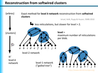 Reconstruction from softwired clusters

{arbres}      Exact method for level k network reconstruction from softwired
              clusters
                                                  Iersel, Kelk, Rupp & Huson, ISMB 2010

                         less reticulations, but slower for level > 2.


{clusters}                                     level =
                                               maximum number of reticulations
                                               per blob.


             a b c d e f g h i           j k
              level-2 network
   N'
   level-k
   network                level-1 network
                          (“galled tree”)       a b c d e f g h i                  j k
                                                          http://www.dendroscope.org
 