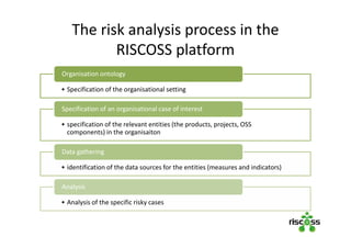 The risk analysis process in the
RISCOSS platform
• Specification of the organisational setting
Organisation ontology
• specification of the relevant entities (the products, projects, OSS
components) in the organisaiton
Specification of an organisational case of interest
• identification of the data sources for the entities (measures and indicators)
Data gathering
• Analysis of the specific risky cases
Analysis
 