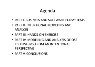 Agenda
• PART I. BUSINESS AND SOFTWARE ECOSYSTEMS
• PART II. INTENTIONAL MODELING AND
ANALYSIS
• PART III. HANDS-ON EXERCISE
• PART IV. MODELING AND ANALYSIS OF OSS
ECOSYSTEMS FROM AN INTENTIONAL
PERSPECTIVE
• PART V. CONCLUSIONS
 