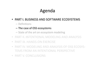 Agenda
• PART I. BUSINESS AND SOFTWARE ECOSYSTEMS
– Definitions
– The case of OSS ecosystems
– State of the art on ecosystem modeling
• PART II. INTENTIONAL MODELING AND ANALYSIS
• PART III. HANDS-ON EXERCISE
• PART IV. MODELING AND ANALYSIS OF OSS ECOSYS-
TEMS FROM AN INTENTIONAL PERSPECTIVE
• PART V. CONCLUSIONS
 