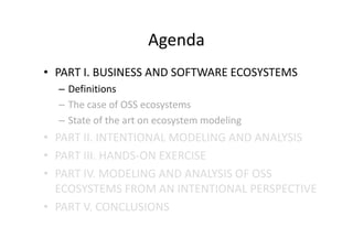 Agenda
• PART I. BUSINESS AND SOFTWARE ECOSYSTEMS
– Definitions
– The case of OSS ecosystems
– State of the art on ecosystem modeling
• PART II. INTENTIONAL MODELING AND ANALYSIS
• PART III. HANDS-ON EXERCISE
• PART IV. MODELING AND ANALYSIS OF OSS
ECOSYSTEMS FROM AN INTENTIONAL PERSPECTIVE
• PART V. CONCLUSIONS
 