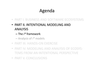 Agenda
• PART I. BUSINESS AND SOFTWARE ECOSYSTEMS
• PART II. INTENTIONAL MODELING AND
ANALYSIS
– The i* framework
– Analysis of i* models
• PART III. HANDS-ON EXERCISE
• PART IV. MODELING AND ANALYSIS OF ECOSYS-
TEMS FROM AN INTENTIONAL PERSPECTIVE
• PART V. CONCLUSIONS
 