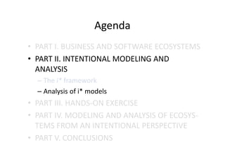 Agenda
• PART I. BUSINESS AND SOFTWARE ECOSYSTEMS
• PART II. INTENTIONAL MODELING AND
ANALYSIS
– The i* framework
– Analysis of i* models
• PART III. HANDS-ON EXERCISE
• PART IV. MODELING AND ANALYSIS OF ECOSYS-
TEMS FROM AN INTENTIONAL PERSPECTIVE
• PART V. CONCLUSIONS
 