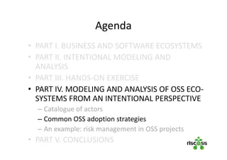 Agenda
• PART I. BUSINESS AND SOFTWARE ECOSYSTEMS
• PART II. INTENTIONAL MODELING AND
ANALYSIS
• PART III. HANDS-ON EXERCISE
• PART IV. MODELING AND ANALYSIS OF OSS ECO-
SYSTEMS FROM AN INTENTIONAL PERSPECTIVE
– Catalogue of actors
– Common OSS adoption strategies
– An example: risk management in OSS projects
• PART V. CONCLUSIONS
 