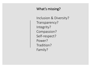 What’s missing?
Inclusion & Diversity?
Transparency?
Integrity?
Compassion?
Self-respect?
Power?
Tradition?
Family?
 