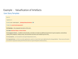 As a < >
I want to < >
So that I can < Lorem ipsum …. feelings/values/emotions> OR
To feel < in control and empowered >
h2. Overview: _One paragraph description of the work._
h2. Value: Business Values + Human Values
h2. Acceptance Criteria: _In addition to functionality, remember to include any additional requirements to gain acceptance, extraordinary
testing, NFR compliance, change, privacy, documentation and other work needed to get this live!_
h2. Assumptions: _List assumptions and agreed dependencies here._
h2. Impacted Areas: _List here any other applications, systems or teams that may be affected by this change/addition. These areas will need to
be involved in regression testing and PVT for the item as it goes through the release process._
Example - Valuefication of Artefacts
User Story Template
 