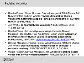 1
Published work so far
 Harsha Perera, Waqar Hussain, Davoud Mougouei, Rifat Shams, Arif
Nurwidyantoro and Jon Whittle, Towards Integrating Human
Values into Software: Mapping Principles and Rights of GDPR to
Human Values, RE2019
 Jon Whittle, Is Your Software Valueless? IEEE Software, 36(3),
112-115 (2019)
 Harsha Perera, Arif Nurwidyantoro, Waqar Hussain, Davoud
Mougouei, Jon Whittle, Rifat Ara Shams, Gillian Oliver, A Study on
the Prevalence of Human Values in Software Engineering
Publications, 2015-2018. http://arxiv.org/abs/1907.07874 (2019)
 Davoud Mougouei, Harsha Perera, Waqar Hussain, Rifat Ara Shams,
Jon Whittle: Operationalizing human values in software: a
research roadmap. ESEC/SIGSOFT FSE 2018: 780-784
 Waqar Hussain, Davoud Mougouei, Jon Whittle: Integrating social
values into software design patterns. FairWare@ICSE 2018: 8-14
 