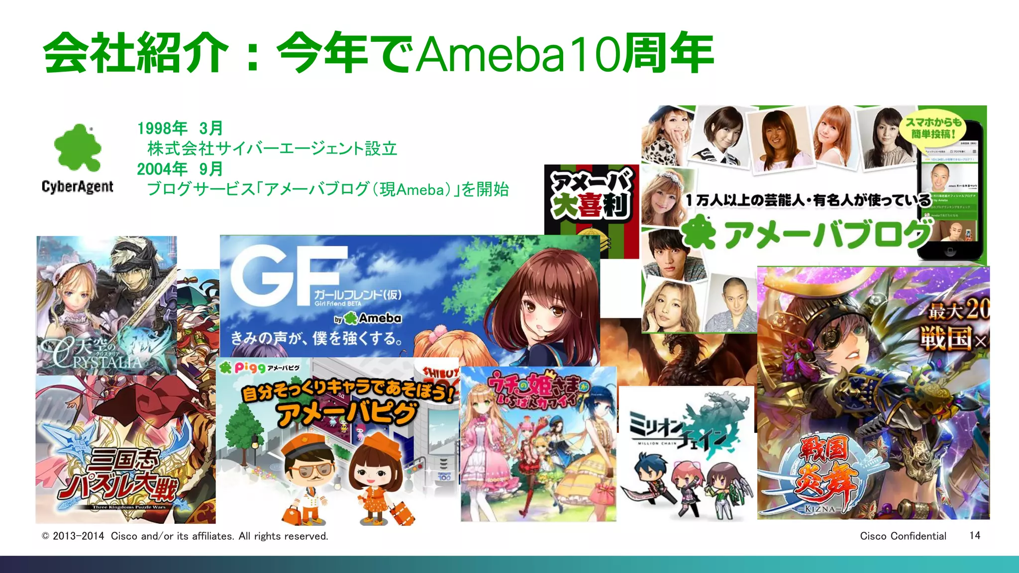 Cisco Confidential 14© 2013-2014 Cisco and/or its affiliates. All rights reserved.
会社紹介：今年でAmeba10周年
1998年 3月
株式会社サイバーエージェント設立
2004年 9月
ブログサービス「アメーバブログ（現Ameba）」を開始
 