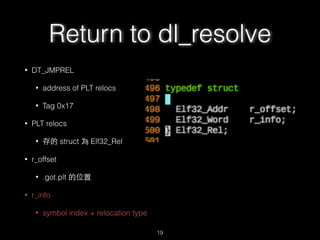 Return to dl_resolve
• DT_JMPREL
• address of PLT relocs
• Tag 0x17
• PLT relocs
• 存的 struct 為 Elf32_Rel
• r_offset
• .got...