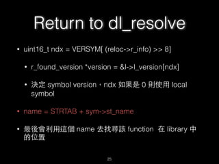 Return to dl_resolve
• dl_resolve(link_map,index)
• Elf32_Rel *reloc = JMPREL + index
• Elf32_Sym *sym = &SYMTAB[((reloc->...