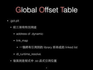 Global Offset Table
• .got.plt
• 前三項有特別⽤用途
• address of .dynamic
• link_map
• ⼀一個將有引⽤用到的 library 所串成的 linked list
• dl_run...